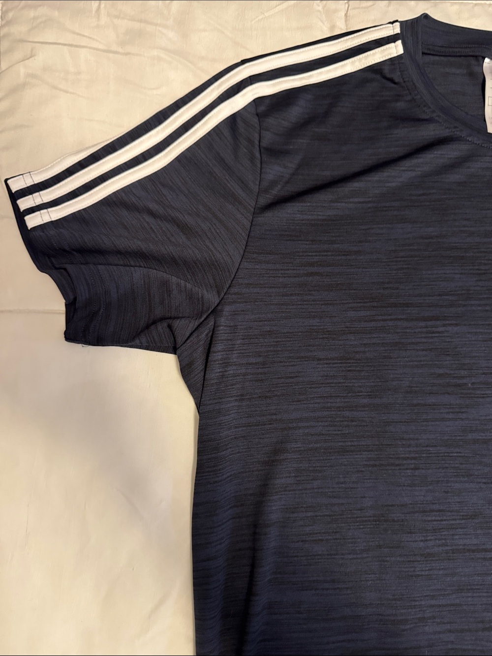 adidas Navy Short Sleeve Athletic Tee with White Shoulder Stripes - Picture 3 of 6